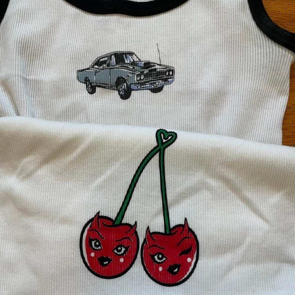 Lot of 2 White Graphic Tanks Retro Fruit Classic Car Preppy Twee Casual SIze S - Picture 2 of 4